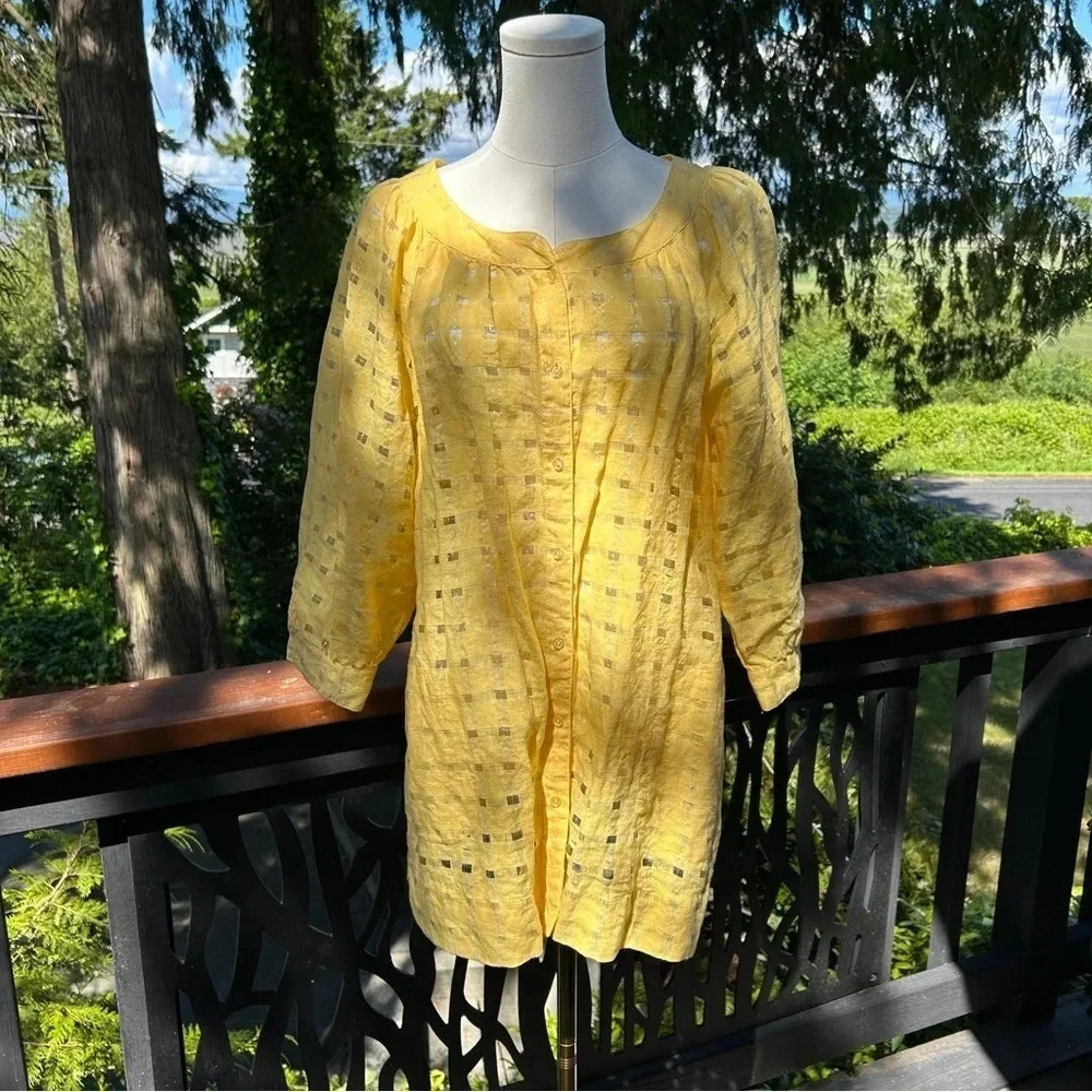 Chico’s Yellow Metallic Linen 3/4 Sleeve Button Down Lightweight Shirt Dress | 8